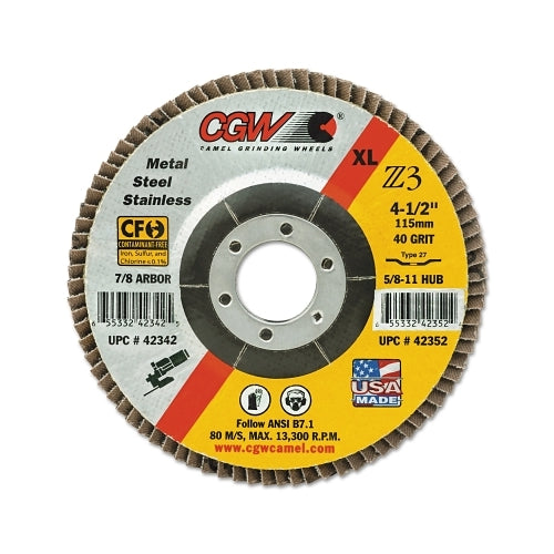 Cgw Abrasives Premium Z3 Xl T27 Flap Disc, 4-1/2 Inches Dia, 40 Grit, 5/8 In-11, 13300 Rpm - 10 per BOX - 42352