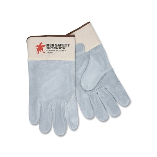 Mcr Safety Sidekick® Select Side Leather Palm Gloves, Large, Gray/Green Logo/White Fabric - 12 per DZ - 16017L