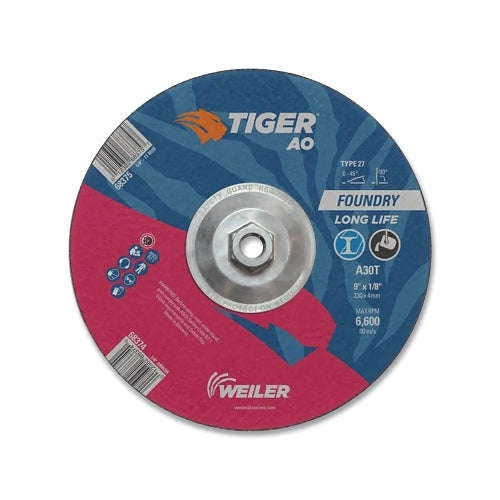 Muela abrasiva Tiger Tiger® Ao tipo 27, 9 pulgadas de diámetro, 1/8 pulgadas de espesor, eje de 5/8 pulg.-11, grano 30, óxido de aluminio - 10 por caja - 68375