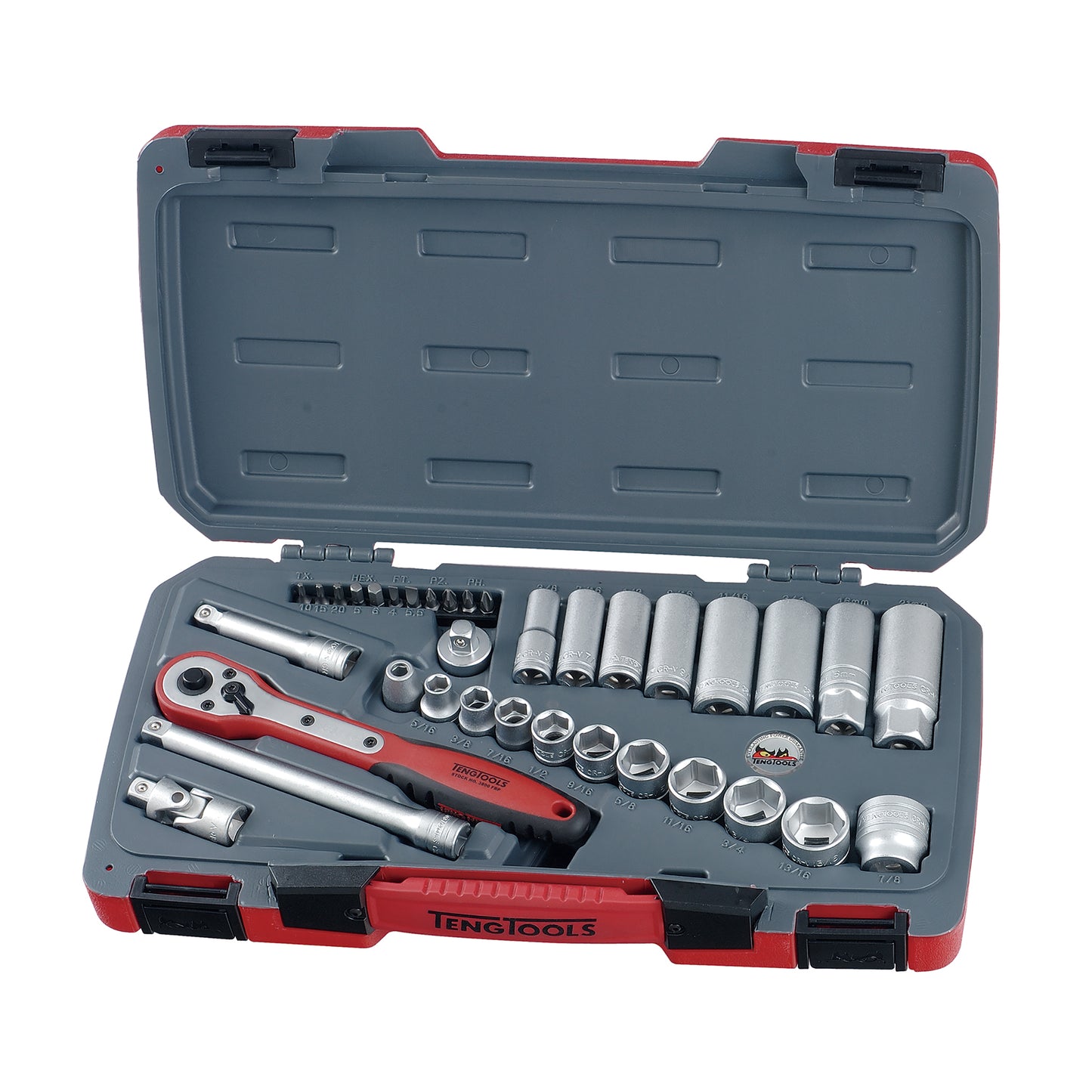 Teng Tools Juego de llaves de vaso SAE regulares, poco profundas y profundas de 35 piezas con accionamiento de 3/8 de pulgada y 6 puntos - T3835AF