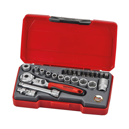 Teng Tools Juego de llaves de vaso regulares/poco profundas métricas de 6 puntos con accionamiento de 1/4 de pulgada, 24 piezas - T1424S