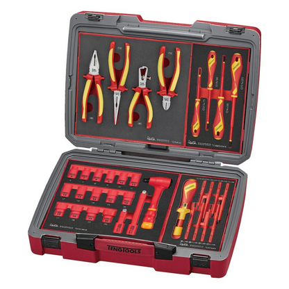 Teng Tools TC-6TE04 Tournevis isolé 36 pièces 1000 V, douille d'entraînement 3/8" et pince pour électriciens Kit d'outils portable en mousse EVA