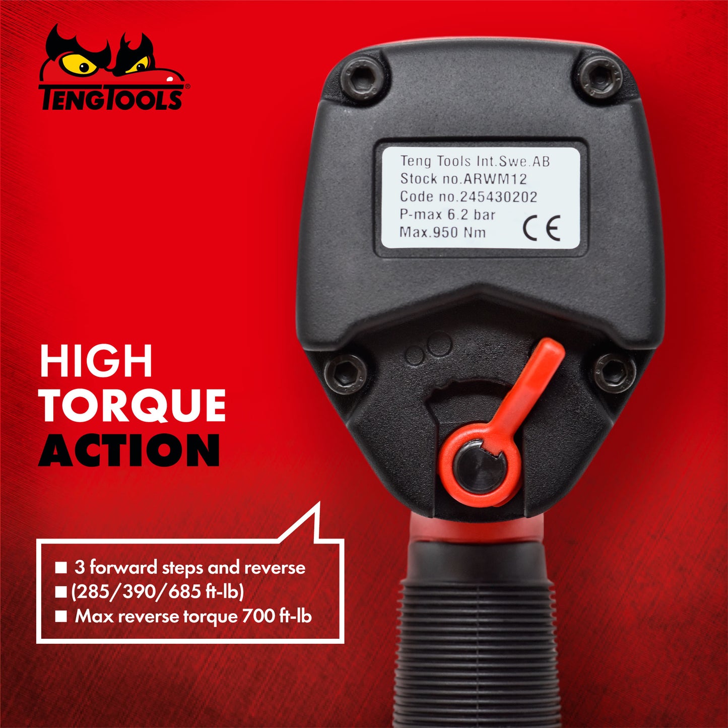 Teng Tools Pistolet à clé à chocs pneumatique en aluminium à couple élevé réversible à entraînement carré de 1/2 pouce - ARWM12