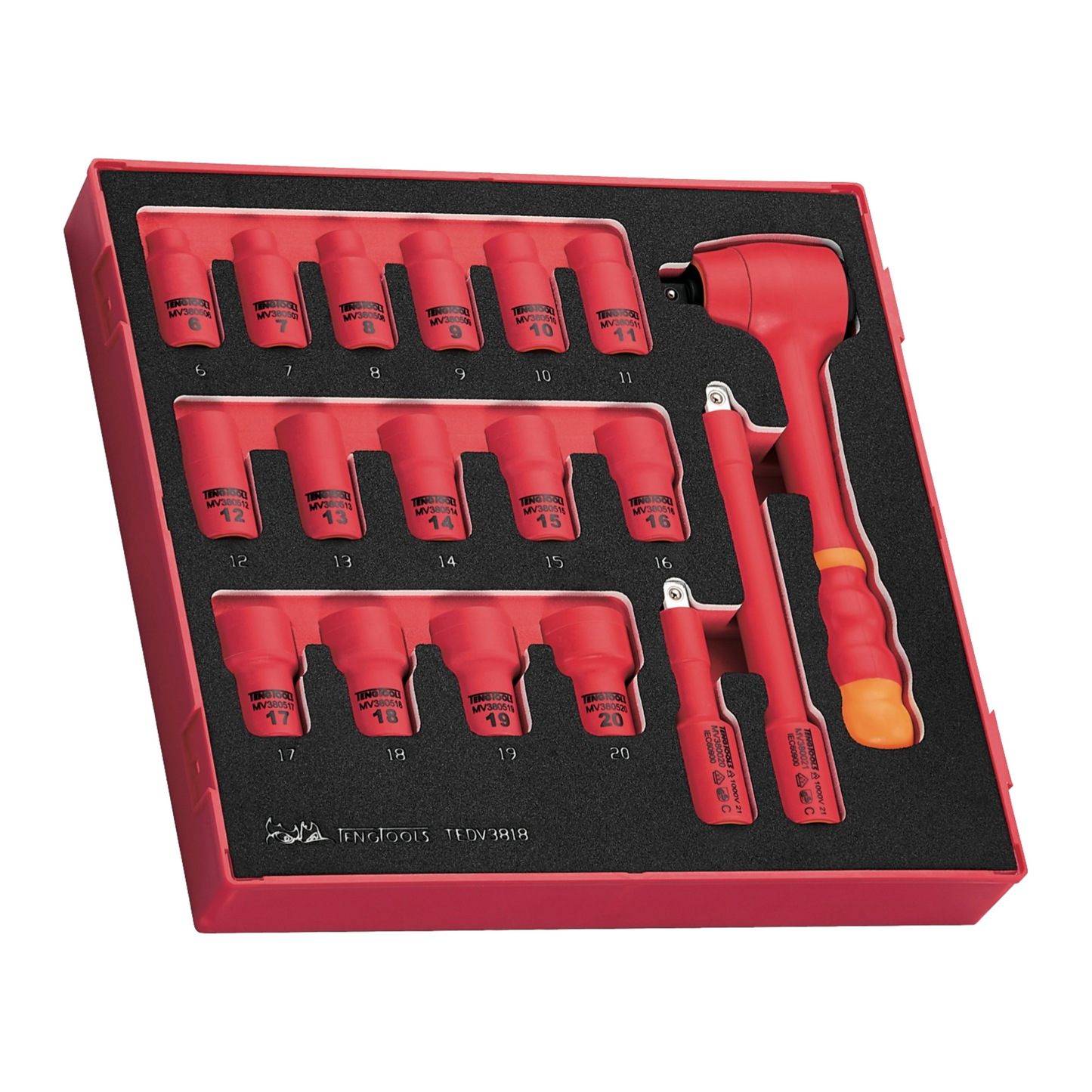 Teng Tools Juego de vasos de espuma EVA con aislamiento poco profundo, 18 piezas, 3/8 de pulgada, métrico, 6 puntos, 1000 voltios (6 mm - 20 mm) | Herramienta para electricistas | Herramienta aislada | Herramienta eléctrica - TEDV3818