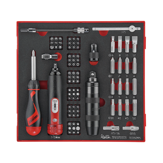Teng Tools 95 pièces tournevis dynamométrique 1-5 Nm, tournevis à percussion et embouts assortis plateau en mousse EVA - TEDSD95