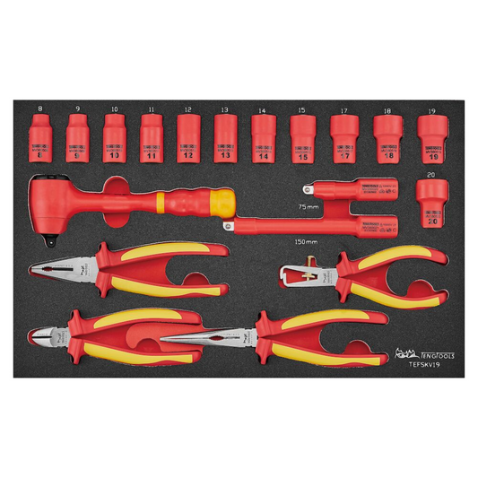Teng Tools TEFSKV19 Lot de 19 douilles peu profondes à 6 points isolées 1 000 V, entraînement 3/8 pouces, barre d'extension, cliquet et pince, plateau en mousse EVA