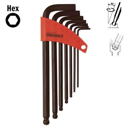 Teng Tools Juego de llaves hexagonales/llaves Allen de punta esférica métrica negra de 7 piezas (2,5 mm - 10 mm) - 1475