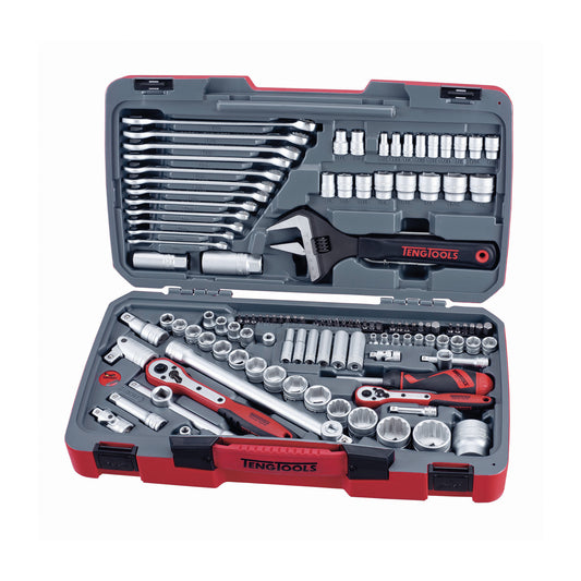 Teng Tools TM127 - Juego de llaves de vaso regulares/superficiales y profundas con accionamiento métrico y SAE de 127 piezas, 1/4, 3/8 y 1/2