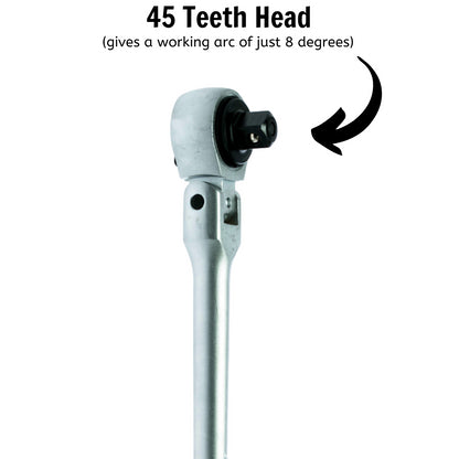 Teng Tools Trinquete de cabeza flexible de brazo largo de 15,7 pulgadas / 400 mm con accionamiento de 1/2 pulgada, 45 dientes - 1200F