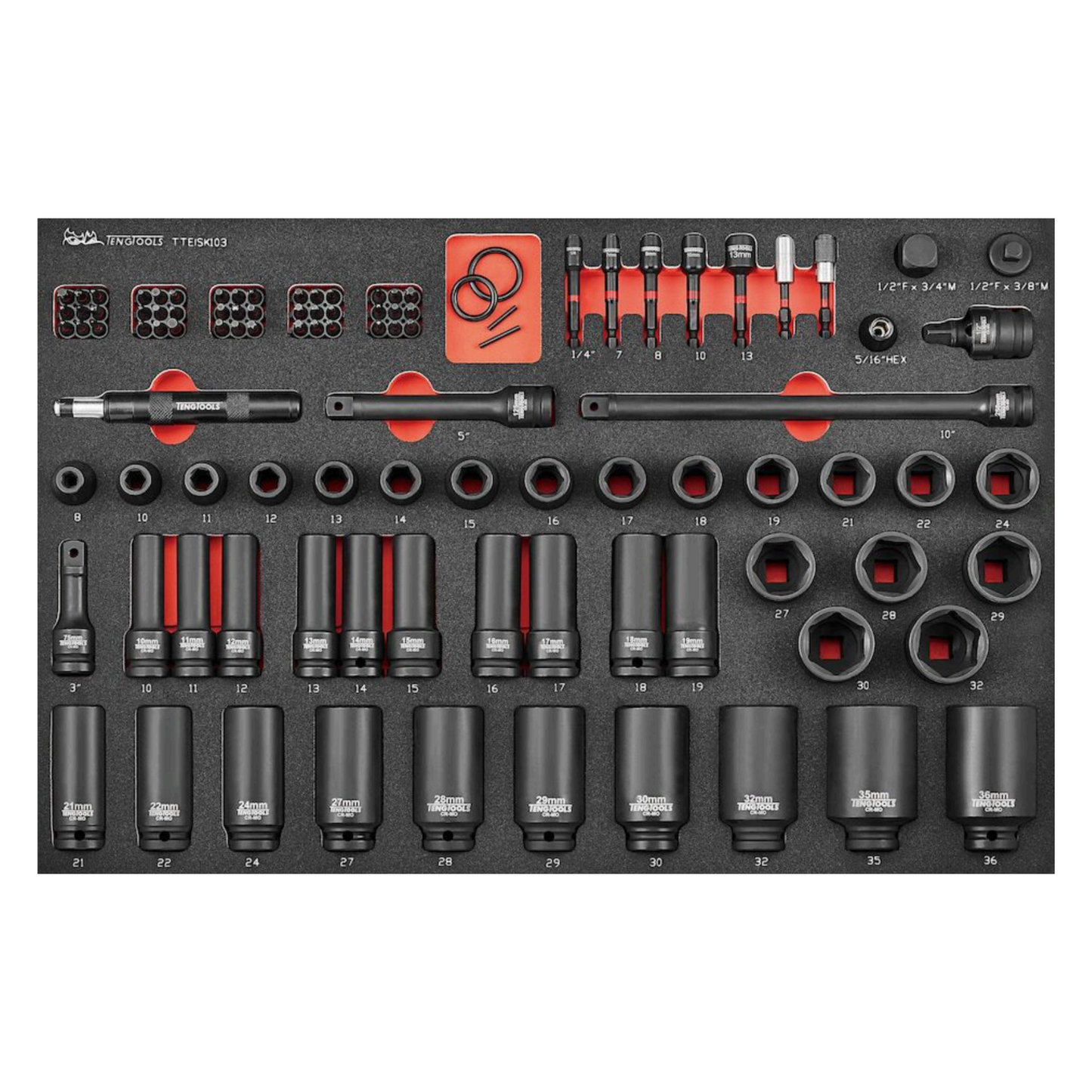 Juego de dados de impacto y puntas de espuma EVA de 103 piezas de 1/2 pulgada con impulsor cuadrado y 6 puntas métricas de Teng Tools - TTEISK103