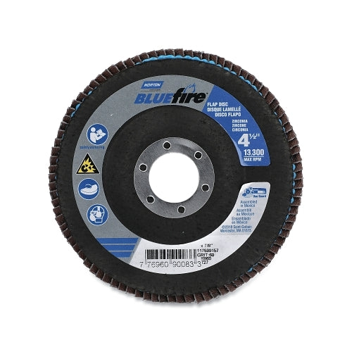 Norton Bluefire R860 Flap Disc, 4-1/2 Inches Dia, 60 Grit, 7/8 Inches Arbor, 13300 Rpm, Type 27 Flat - 10 per CA - 77696090083