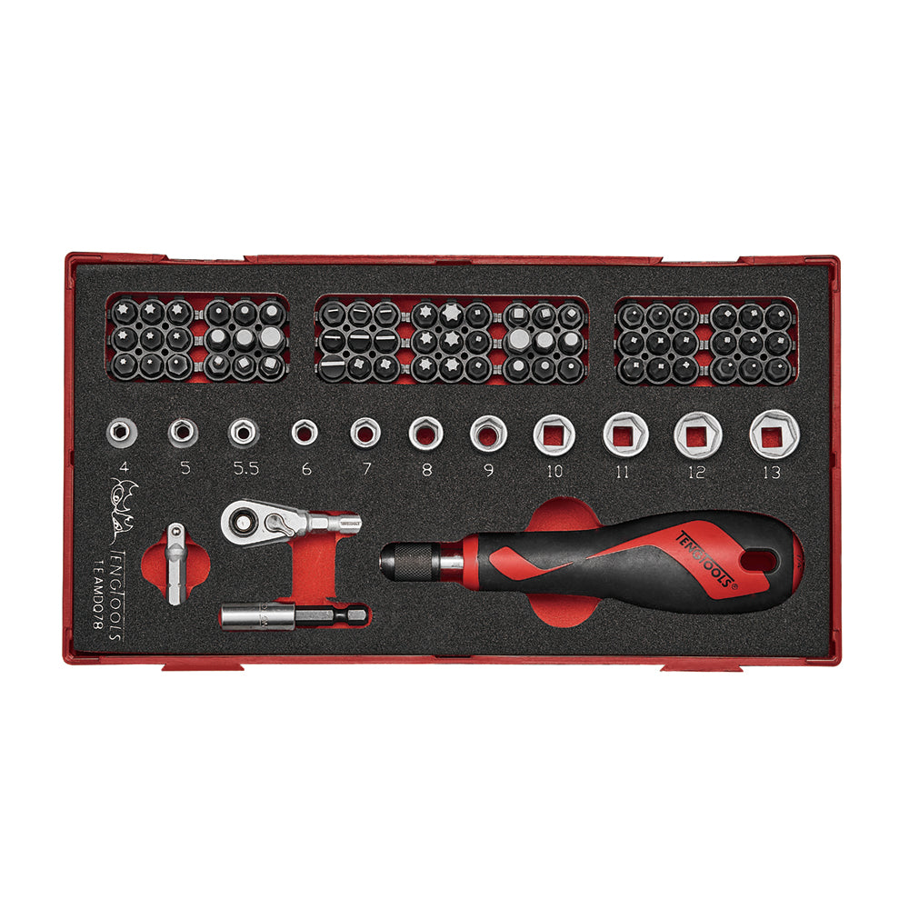 Teng Tools Bits Driver Set 78 pièces dans un plateau à outils organisationnel en mousse EVA - TEAMDQ78