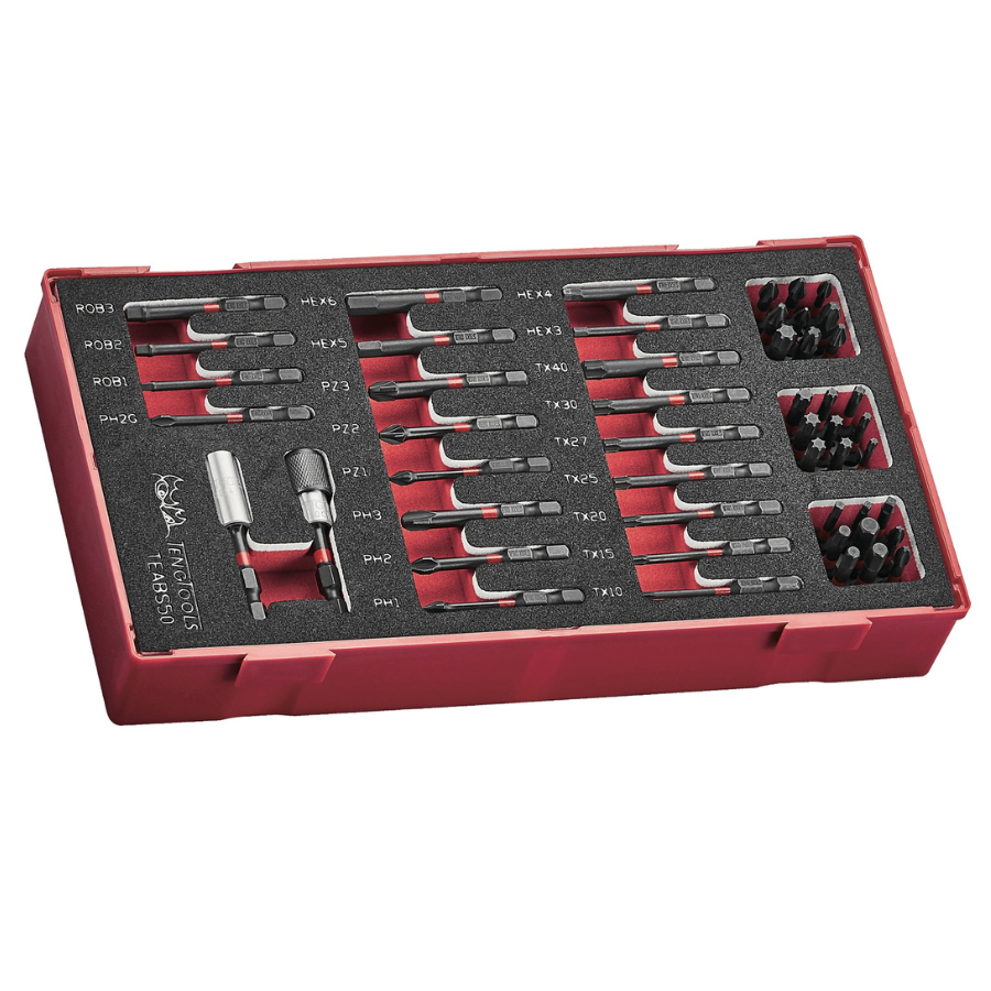 Teng Tools 50 pièces 1/4" Hex Drive 30 mm et 50 mm de long plateau en mousse EVA pour embouts à impact - TEABS50