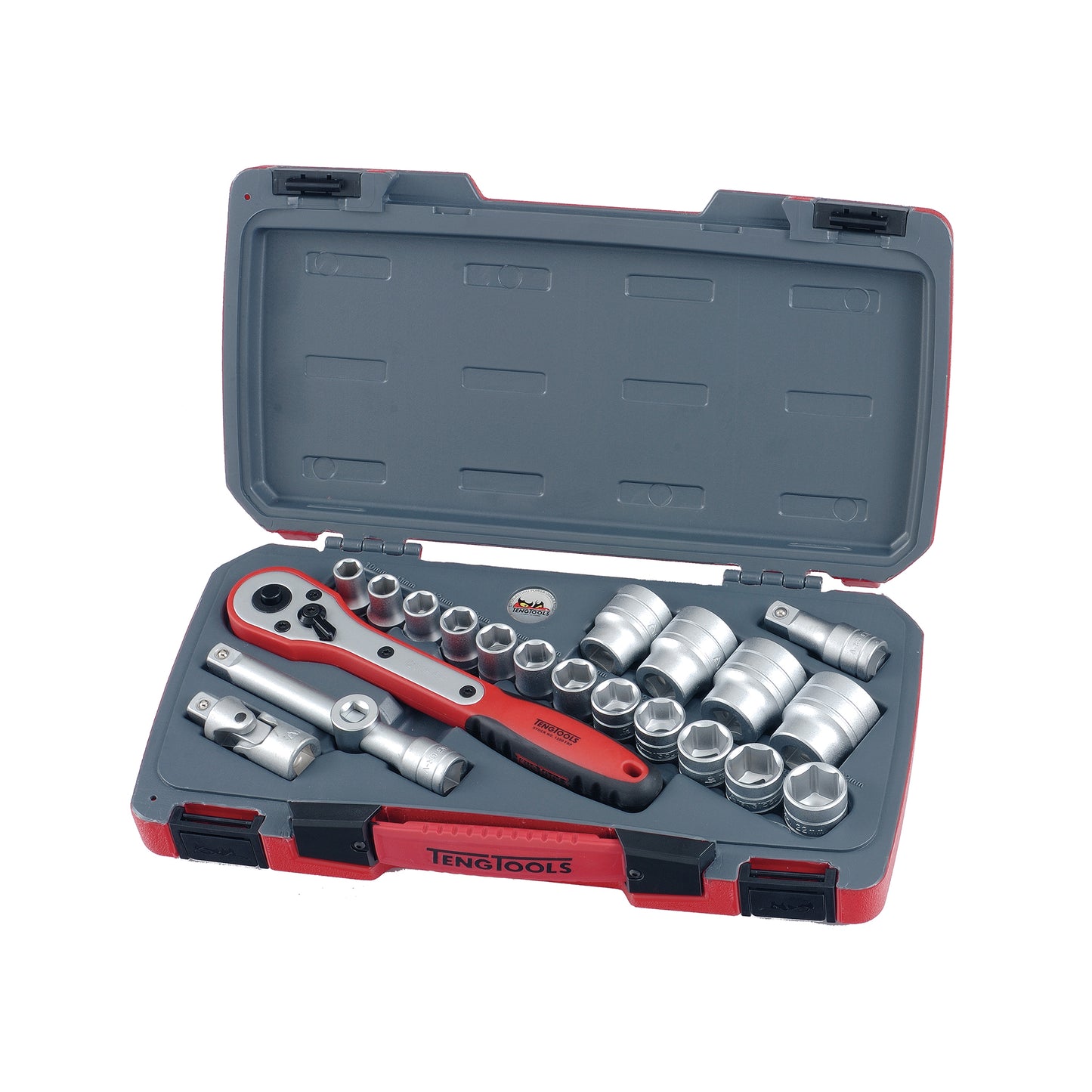 Teng Tools Juego de llaves de vaso regulares/superficiales métricas de 6 puntos con accionamiento de 1/2 pulgada, 21 piezas (10 mm - 32 mm) - T1221-6
