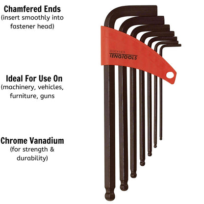 Teng Tools Juego de llaves hexagonales/llaves Allen de punta esférica métrica negra de 7 piezas (2,5 mm - 10 mm) - 1475