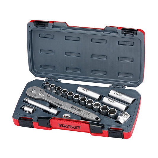 Teng Tools TS1218 - Juego de vasos métricos de acero inoxidable, regulares y profundos, con accionamiento de 1/2 pulgada, 18 piezas