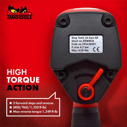 Teng Tools Pistolet à clé à chocs pneumatique en aluminium à couple élevé réversible à entraînement carré de 3/4 pouces - ARWM34