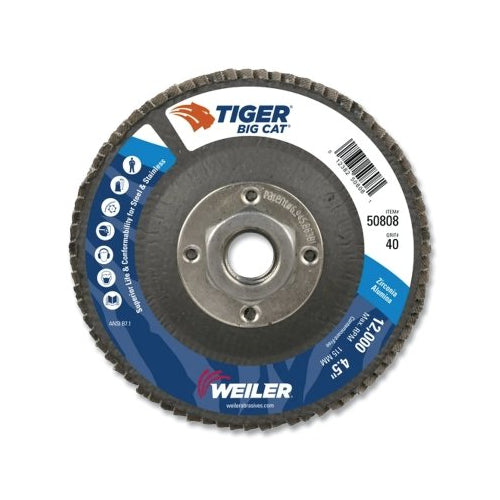 Weiler Tiger Big Cat High Density Flap Disc, 4-1/2 Inches Dia, 40 Grit, 5/8 In-11, 12000 Rpm, Type 27 - 1 per EA - 50808