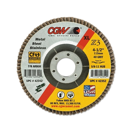 Cgw Abrasives Premium Z3 Xl T27 Flap Disc, 4-1/2 Inches Dia, 40 Grit, 7/8 Arbor, 13300 Rpm - 10 per BOX - 42342