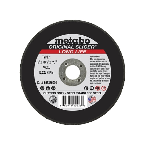 Metabo Original Slicer Cutting Wheel, Type 1, 5 Inches Diameter, 0.045 Inches Thick, 60 Grit, Alum Oxide - 1 per EA - 655335000