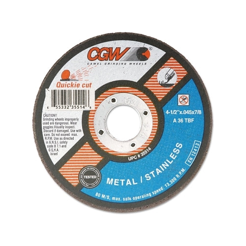 Cgw Abrasives Quickie Cut Type 1 Extra Thin Cut-Off Wheel, 4-1/2 Inches Dia, 0.045 Inches Thick, 7/8 Inches Arbor, 36 Grit - 25 per BOX - 35514