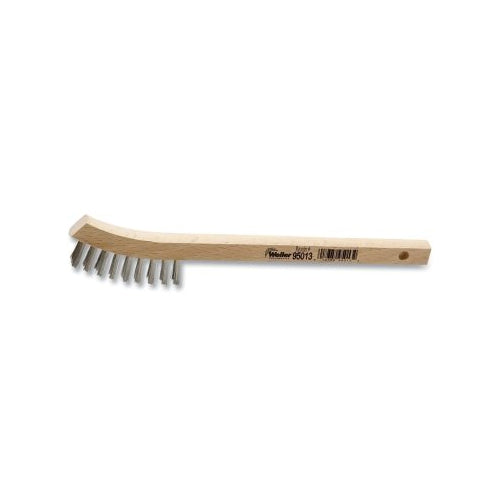 Weiler Cepillo para raspar de mano pequeño, 8-3/4 pulgadas, 2 x 9 filas, alambre SS, mango de madera curvado - 1 por EA - 95013