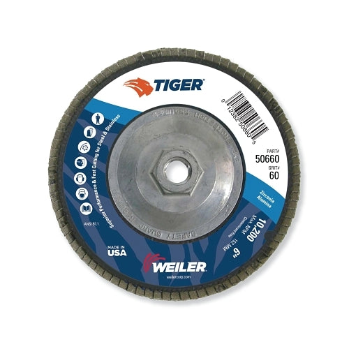 Weiler Tiger Disc Abrasive Flap Disc, 6 Inches Dia, 60 Grit, 5/8 In-11, 10200 Rpm, Type 29 - 1 per EA - 50660