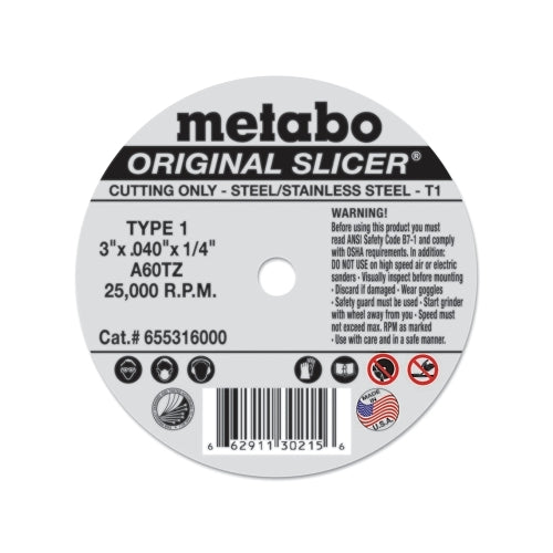 Rueda de corte para rebanadora original Metabo, 3 pulgadas de diámetro, 0,04 pulgadas de grosor, grano de 60 Tz, alumbre. Óxido - 1 por EA - 655316000