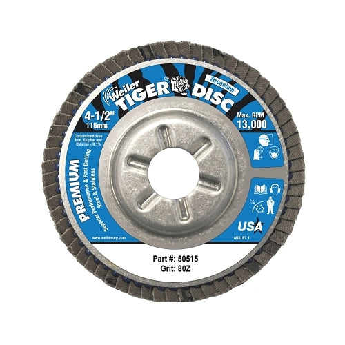Weiler Tiger Disc Angled Style Flap Disc, 4-1/2 Inches Dia, 80 Grit, 7/8 Arbor, 13000 Rpm, Type 29 - 1 per EA - 50515