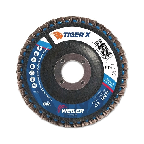 Disque à lamelles Weiler Tiger X, coudé 4-1/2 pouces, grain 60, arbre 7/8 pouces - 10 par PK - 51202