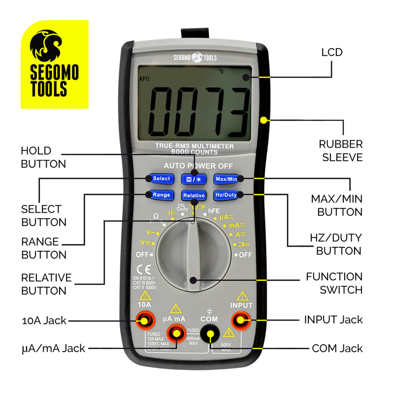 Segomo Tools TRMS 6000 Count Voltage, Current, Resistance, Continuity, Diode, Capacitance, Frequency & Temperature Manual & Auto Ranging Digital Multimeter Tester - DM600