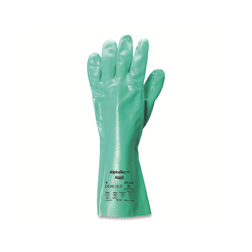 Alphatec 39-124 14 Inches Reinforced Nitrile Gloves, Gauntlet Cuff, Interlock Knit Cotton Liner, Size 9, Green - 12 per DZ - 103714