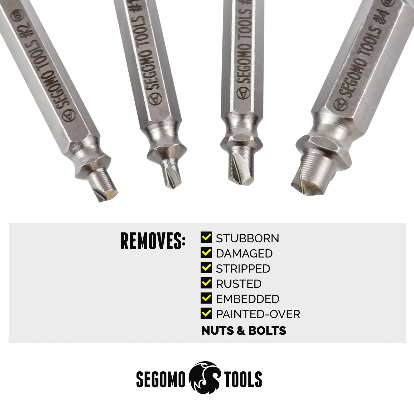 Segomo Tools Juego de extractores de tornillos dañados/pelados Easy Out HSS 4341 de 4 piezas - EOUT4HSS
