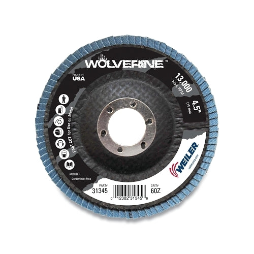 Weiler Vortec Pro Abrasive Flap Disc, 4-1/2 Inches Dia, 60 Grit, 7/8 Arbor, 13000 Rpm, Type 29 - 1 per EA - 31345