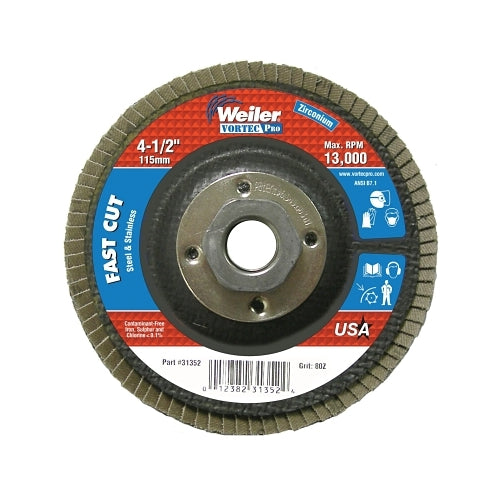 Weiler Vortec Pro Abrasive Flap Disc, 4-1/2 Inches Dia, 80 Grit, 5/8 In-11, 13000 Rpm, Type 29 - 1 per EA - 31352