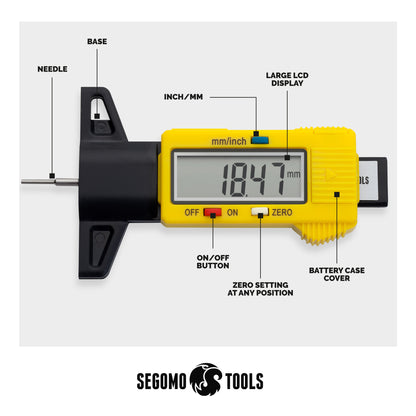 Segomo Tools Outil de mesure de jauge de profondeur de bande de roulement numérique LCD avec conversion en millimètres et en pouces (0-26 mm/0-1 pouce) - DTTDG01 