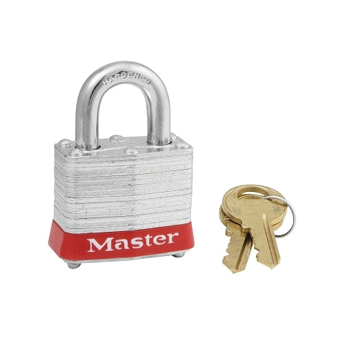 Master Lock No. 3 Laminated Steel Padlock, 9/32 Inches Dia, 5/8 Inches W X 3/4 Inches H Shackle, Silver/Red, Keyed Different, Varies - 6 per BOX - 3RED