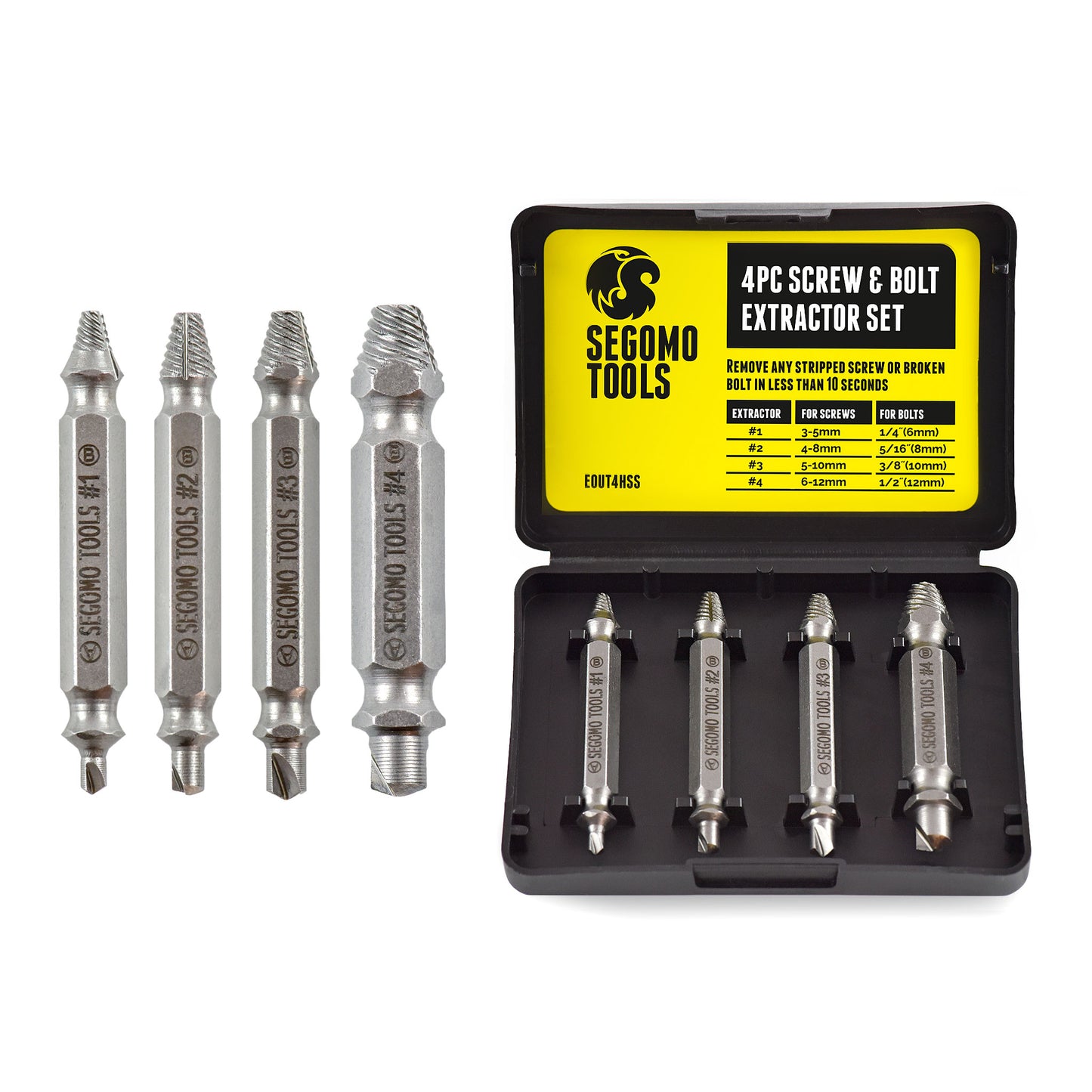Segomo Tools 4 Piece Easy Out HSS 4341 Damaged / Stripped Screw Extrac