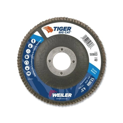 Disque à lamelles haute densité Weiler Tiger Big Cat, 4-1/2 pouces de diamètre, grain 40, arbre 7/8 pouces, 12 000 tr/min, type 27-1 par EA - 50803