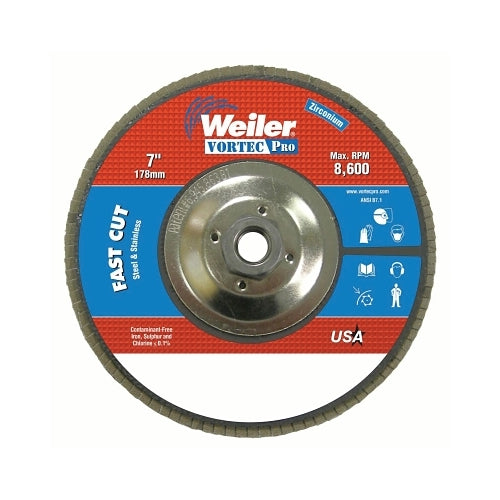 Weiler Vortec Pro Abrasive Flap Disc, 7 Inches Dia, 60 Grit, 5/8 In-11, 8600 Rpm, Type 29 - 1 per EA - 31369