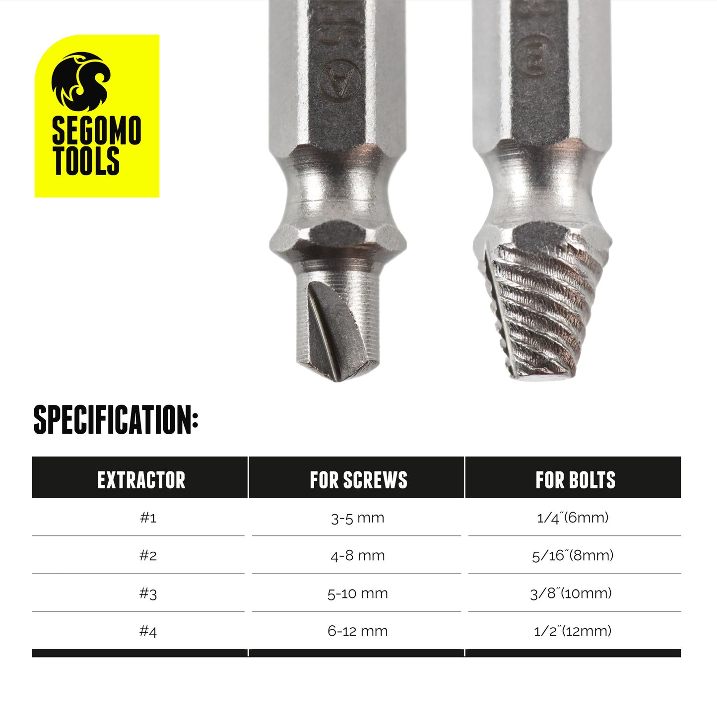 Segomo Tools 4 Piece Easy Out HSS 4341 Damaged / Stripped Screw Extrac