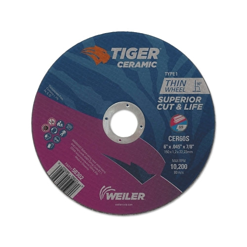 Weiler Tiger Ceramic Cutting Wheels, 6 Inches Dia, 0.045Inches Thick, 24/Bx - 25 per BX - 58302