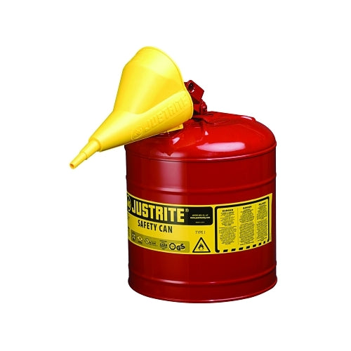 Justrite Type I Steel Safety Can, Flammables, 5 Gal, Red, With Funnel - 1 per EA - 7150110