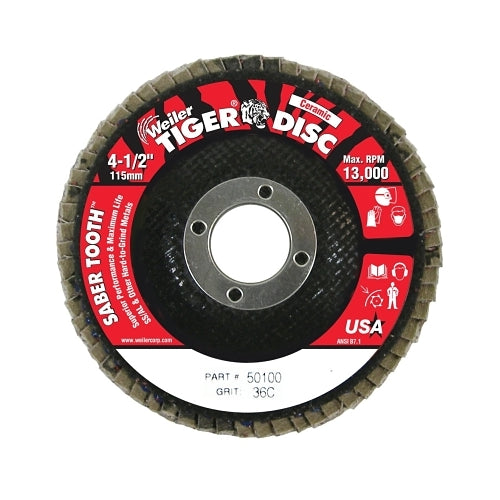 Weiler Saber Tooth Ceramic Flap Discs, 4 1/2 In, 36 Grit, 7/8 Inches Arbor, 13000 Rpm - 10 per BX - 50100