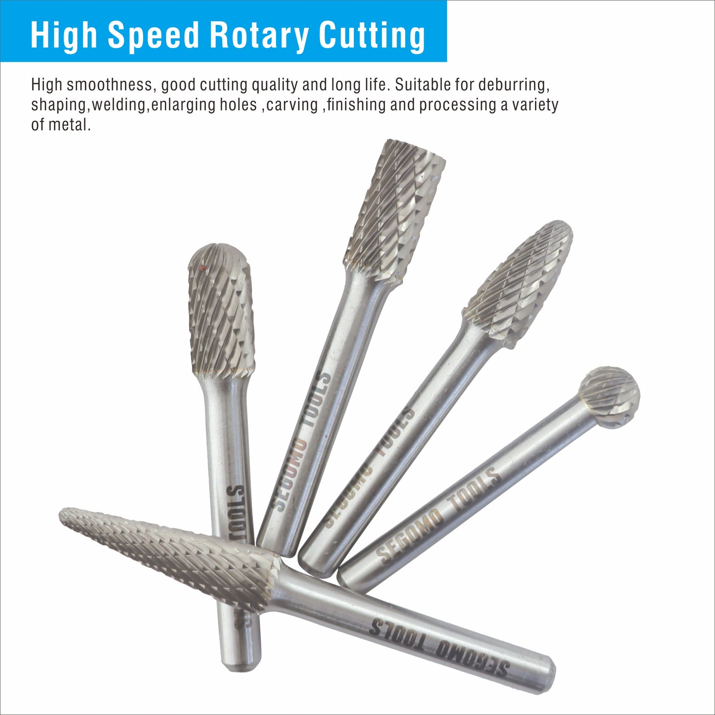 Segomo Tools Juego de fresas rotativas de carburo de tungsteno de doble corte de 5 piezas para rectificar, desbarbar metales, tallar, taladrar y grabar - CB005