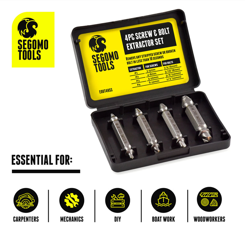 Segomo Tools 4 Piece Easy Out HSS 4341 Damaged / Stripped Screw Extractor Remover Set - EOUT4HSS
