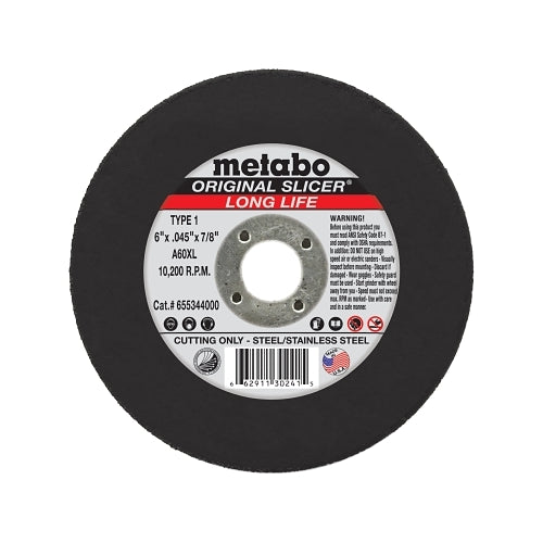 Metabo Original Slicer Cutting Wheel, 6 Inches Dia, 0.045 Inches Thick, 7/8 Inches Arbor, 36 Grit , Ao - 1 per EA - 55344