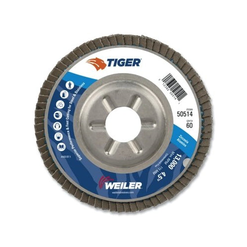 Disque à lamelles de style coudé Weiler Tiger Disc, 4-1/2 pouces de diamètre, grain 60, arbre 7/8, 13 000 tr/min, type 29-1 par EA - 50514