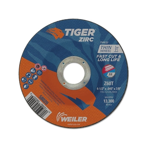 Weiler Tiger Zirc Cutting Wheel, 4-1/2 Inches Dia, 0.045 Inches Thick, 7/8 Inches Arbor, Zirconia Alumina, Type 27, Z60T - 25 per PK - 58020