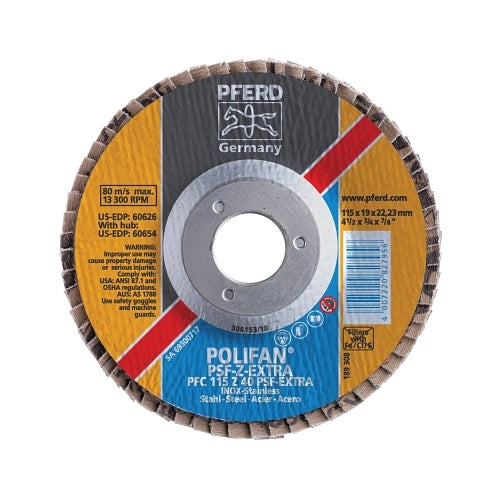 Pferd Polifan Psf-Extra Flap Discs, 4 1/2 In, 40 Grit, 7/8 Inches Arbor, 13300 Rpm - 1 per EA - 60458